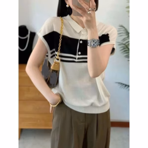 Áo Thun Dệt Kim Tay Hến, Kiểu Cổ Sen Phối Họa Tiết Sọc Kẻ To Dành Cho Bạn Nữ - Chipxinhxk