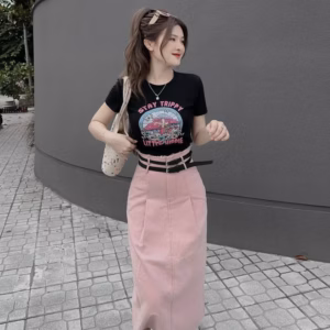 Set Áo Thun Tăm Lạnh Phối Chân Váy Kaki Kèm 2 Nịt Bh95U- Sam Store