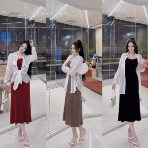 Set Đầm Thun Tăm Lạnh Phối Áo Khoác Tơ Bh80O- Sam Store