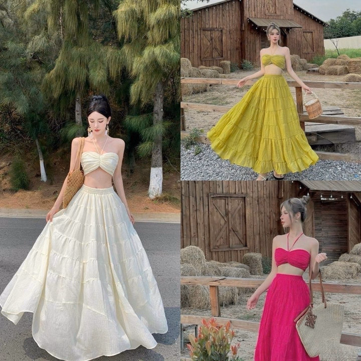 Set Đầm Maxi Đi Biển Dáng Dài 2 Dây Cúp Ngực Xòe Bh110Y- Sam Store