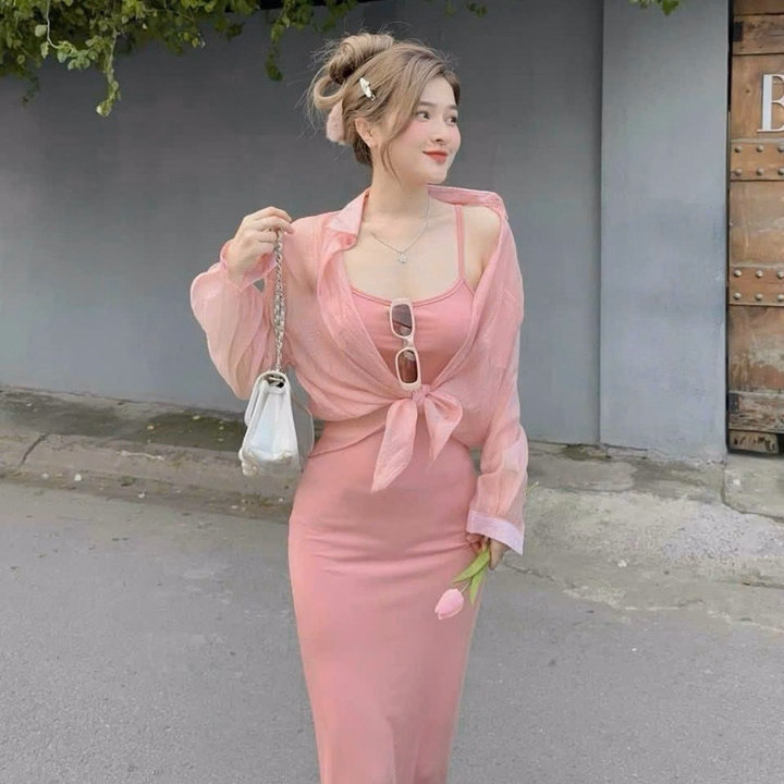 Set Đầm Body 2 Dây(Có Mút) Kèm Áo Khoác Sơ Mi Cài Nút Bh1201- Nana House