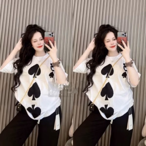 Sét Bộ Quần Ống Rộng Cạp Chun + Áo Phông Lá Bài 3 Bích