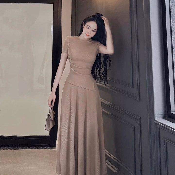 Set Bộ Đồ Nữ Váy Tăm Lạnh Xẻ Tà St80O- Sam Store