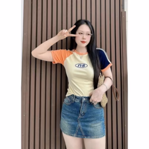 Áo Thun Mùa Hè Nữ Thiết Kế Tay Sọc Cổ Tròn Họa Tiết Chữ Ns Chất Thun Cotton Mềm Mịn -Htm Fashion