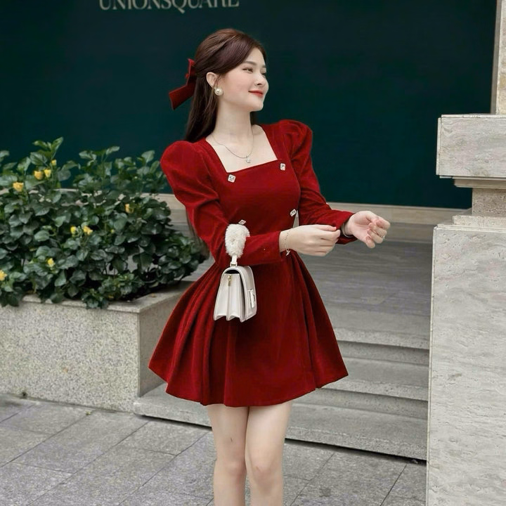 Đầm Nhung Cứng Cổ Vuông Tay Xếp Ly Tùng Màu Sh1957- Sam Store - Ảnh 3