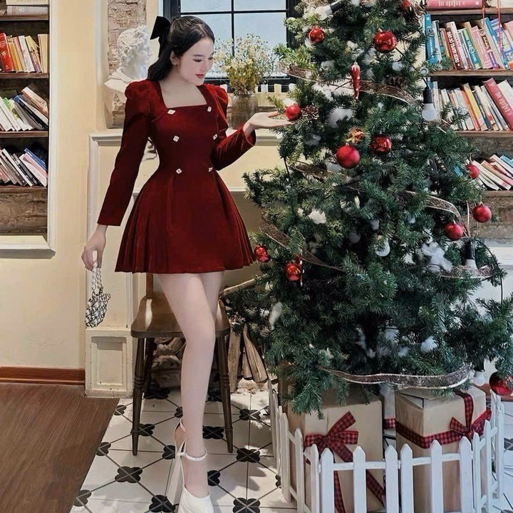 Đầm Nhung Cứng Cổ Vuông Tay Xếp Ly Tùng Màu Sh1957- Sam Store - Ảnh 10