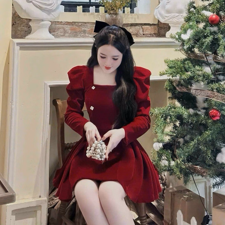 Đầm Nhung Cứng Cổ Vuông Tay Xếp Ly Tùng Màu Sh1957- Sam Store - Ảnh 5