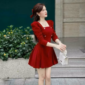 Đầm Nhung Cứng Cổ Vuông Tay Xếp Ly Tùng Màu Sh1957- Sam Store