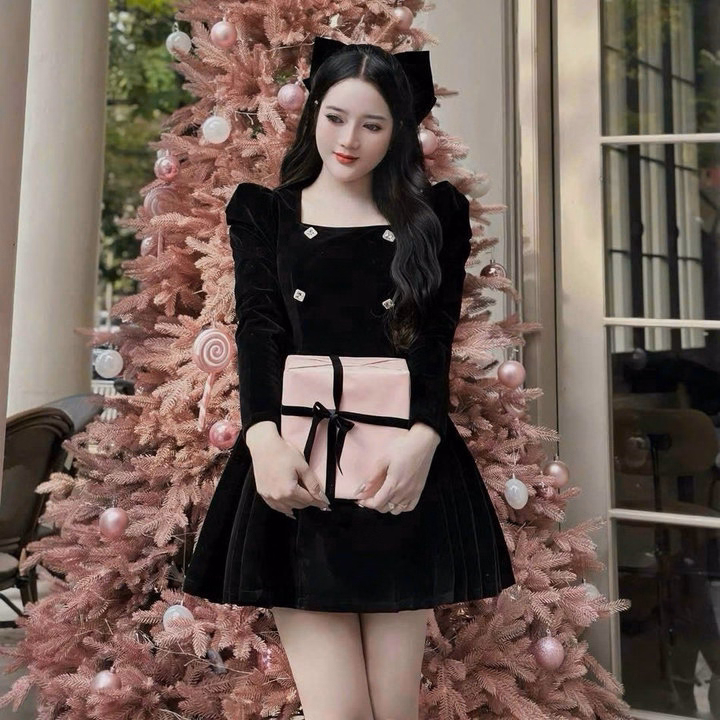 Đầm Nhung Cứng Cổ Vuông Tay Xếp Ly Tùng Màu Sh1957- Sam Store - Ảnh 4