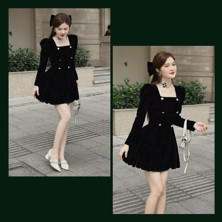 Đầm Nhung Cứng Cổ Vuông Tay Xếp Ly Tùng Màu Sh1957- Sam Store - Ảnh 7