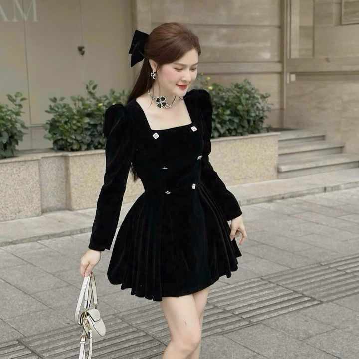Đầm Nhung Cứng Cổ Vuông Tay Xếp Ly Tùng Màu Sh1957- Sam Store - Ảnh 2