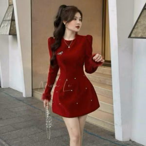 Đầm Nhung Cứng Cổ Tròn Tay Dài Có Lông Tay Bh1100 - Nana House