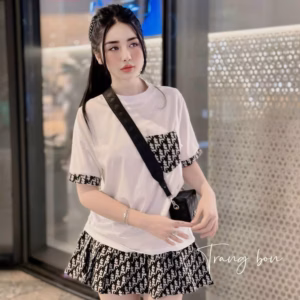 Set Bộ Đồ Nữ Áo Phông Phối Túi Trước Ngực Ngắn Tay Mix Chân Váy Ngắn Xoè Nữ Cực Xinh Mặc Dạo Phố