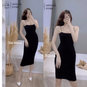 Váy 2 Dây Bún Dáng Dài Chất Tăm Lạnh Màu Đen