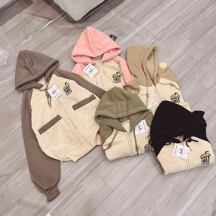 Áo Khoác Nỉ Croptop Nữ Có Nón Phối Khóa Kéo Logo Thêu Coffee Phối 2 Túi Hộp Như Hình -Htm Fashion - Ảnh 3