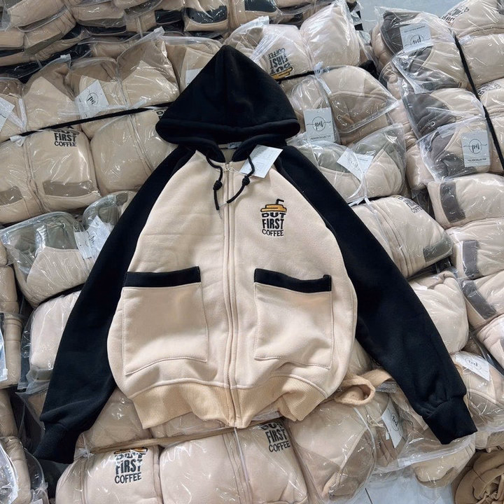 Áo Khoác Nỉ Croptop Nữ Có Nón Phối Khóa Kéo Logo Thêu Coffee Phối 2 Túi Hộp Như Hình -Htm Fashion - Ảnh 4