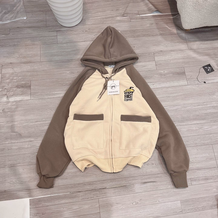 Áo Khoác Nỉ Croptop Nữ Có Nón Phối Khóa Kéo Logo Thêu Coffee Phối 2 Túi Hộp Như Hình -Htm Fashion - Ảnh 7