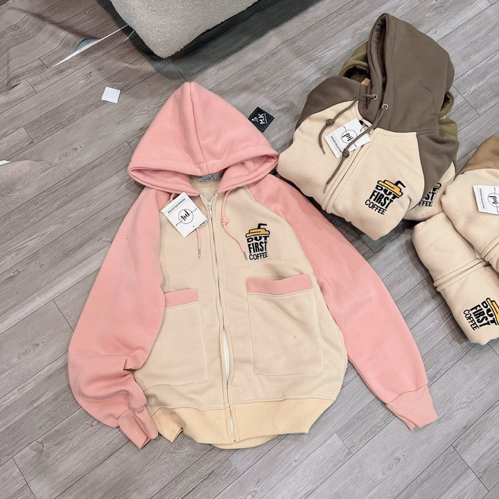 Áo Khoác Nỉ Croptop Nữ Có Nón Phối Khóa Kéo Logo Thêu Coffee Phối 2 Túi Hộp Như Hình -Htm Fashion - Ảnh 5