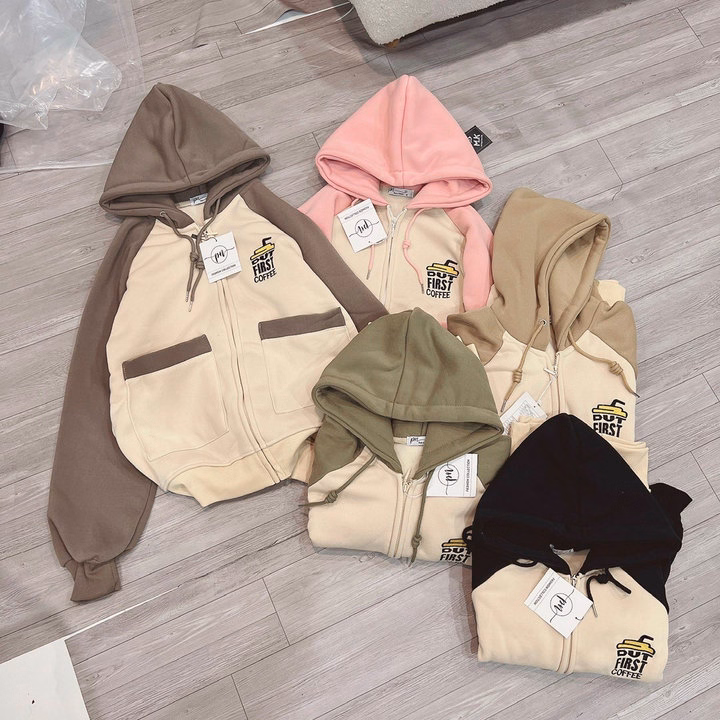 Áo Khoác Nỉ Croptop Nữ Có Nón Phối Khóa Kéo Logo Thêu Coffee Phối 2 Túi Hộp Như Hình -Htm Fashion - Ảnh 6