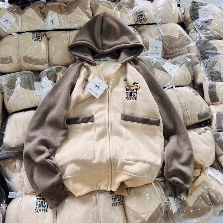 Áo Khoác Nỉ Croptop Nữ Có Nón Phối Khóa Kéo Logo Thêu Coffee Phối 2 Túi Hộp Như Hình -Htm Fashion - Ảnh 9