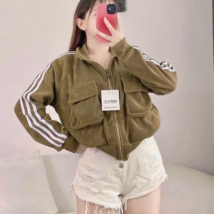 Áo Khoác Len Cổ Bẻ Nhung Gân Phối Tay 3 Sọc Phối Túi Hộp Như Hình -Htm Fashion - Ảnh 4