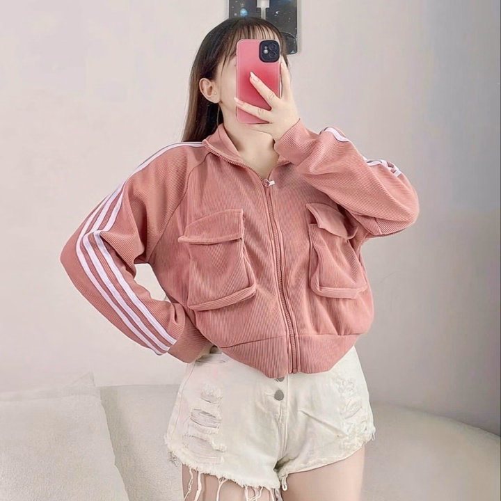 Áo Khoác Len Cổ Bẻ Nhung Gân Phối Tay 3 Sọc Phối Túi Hộp Như Hình -Htm Fashion - Ảnh 5