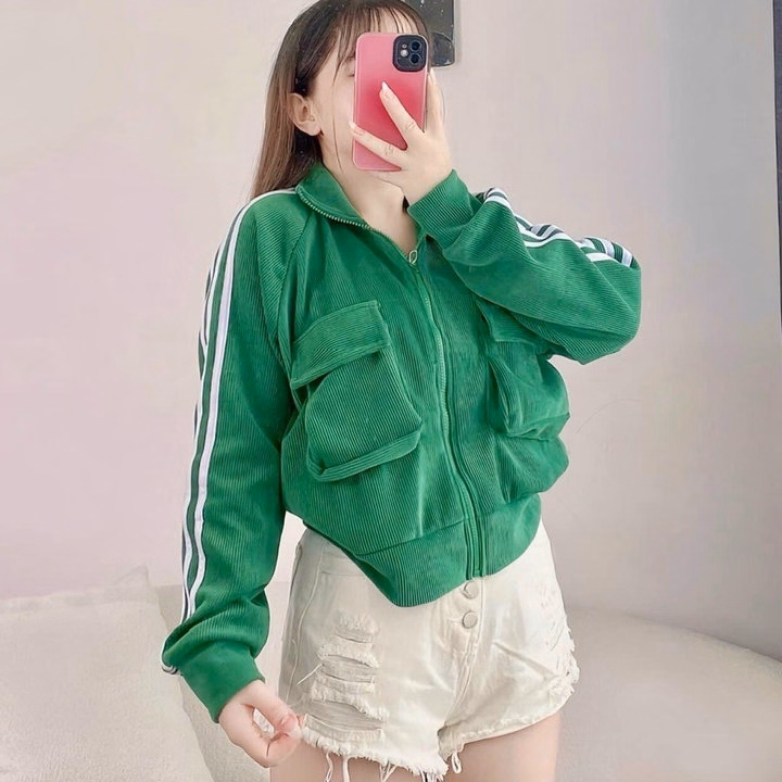 Áo Khoác Len Cổ Bẻ Nhung Gân Phối Tay 3 Sọc Phối Túi Hộp Như Hình -Htm Fashion - Ảnh 6