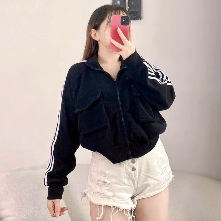 Áo Khoác Len Cổ Bẻ Nhung Gân Phối Tay 3 Sọc Phối Túi Hộp Như Hình -Htm Fashion - Ảnh 7