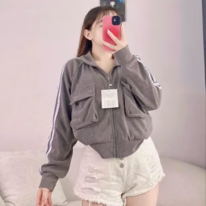 Áo Khoác Len Cổ Bẻ Nhung Gân Phối Tay 3 Sọc Phối Túi Hộp Như Hình -Htm Fashion