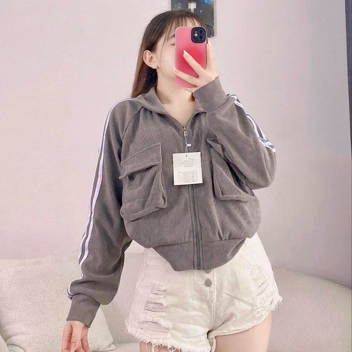 Áo Khoác Len Cổ Bẻ Nhung Gân Phối Tay 3 Sọc Phối Túi Hộp Như Hình -Htm Fashion