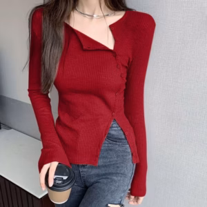 Áo Kiểu Thun Gân Cài Nút 1 Bên - Lê Phương Boutique