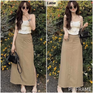 Set Váy Kaki Bager Phối Áo Lụa Nhún 2 Dây Q14- Sam Store