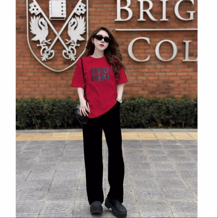 Sét Bộ Quần Ống Rộng Cạp Chun + Áo Phông Đỏ Pari Form Rộng - Ảnh 3