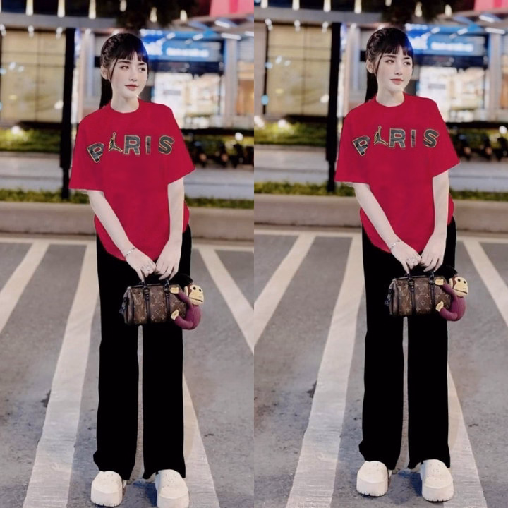 Sét Bộ Quần Ống Rộng Cạp Chun + Áo Phông Đỏ Pari Form Rộng - Ảnh 4