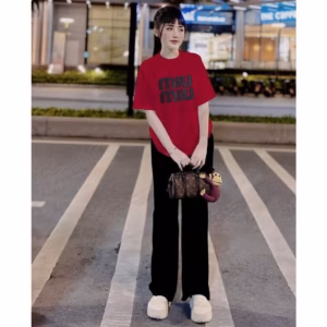 Sét Bộ Quần Ống Rộng Cạp Chun + Áo Phông Đỏ Pari Form Rộng