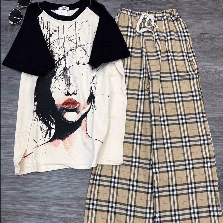 Set Bộ Nữ Quần Caro Vàng Kèm Áo Phông - Ảnh 2