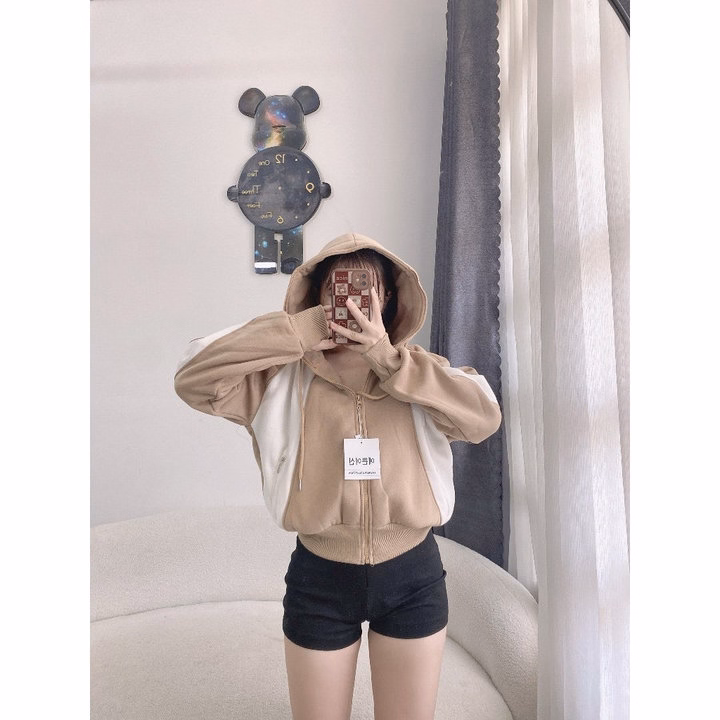 Áo Khoác Nỉ Dệt Nữ Form Rộng Túi Có Khóa Kéo Nón Rộng Dày Chống Nắng Tốt-Htm Fashion - Ảnh 4