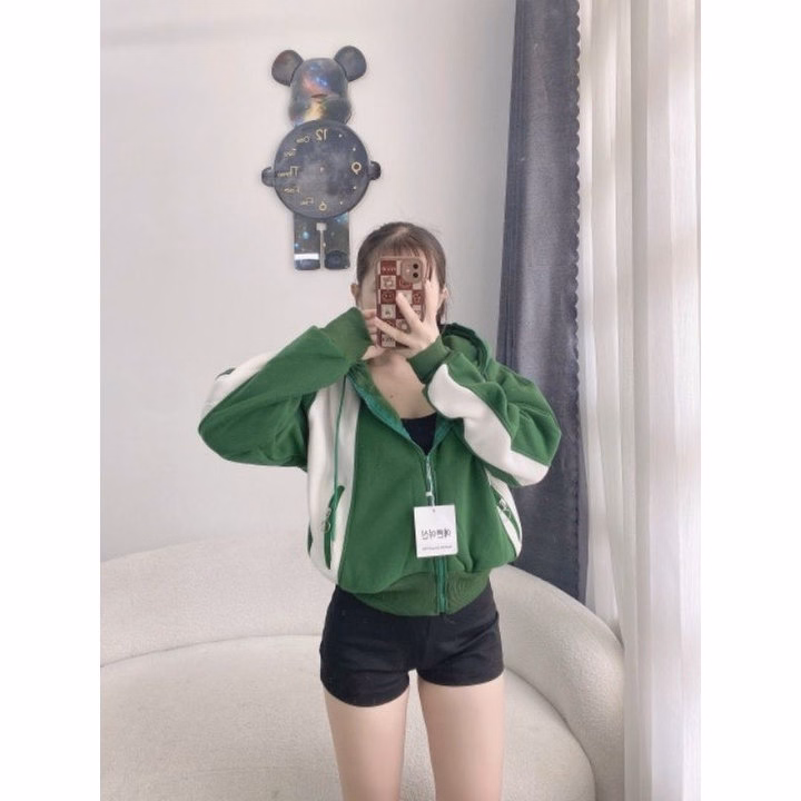 Áo Khoác Nỉ Dệt Nữ Form Rộng Túi Có Khóa Kéo Nón Rộng Dày Chống Nắng Tốt-Htm Fashion - Ảnh 3