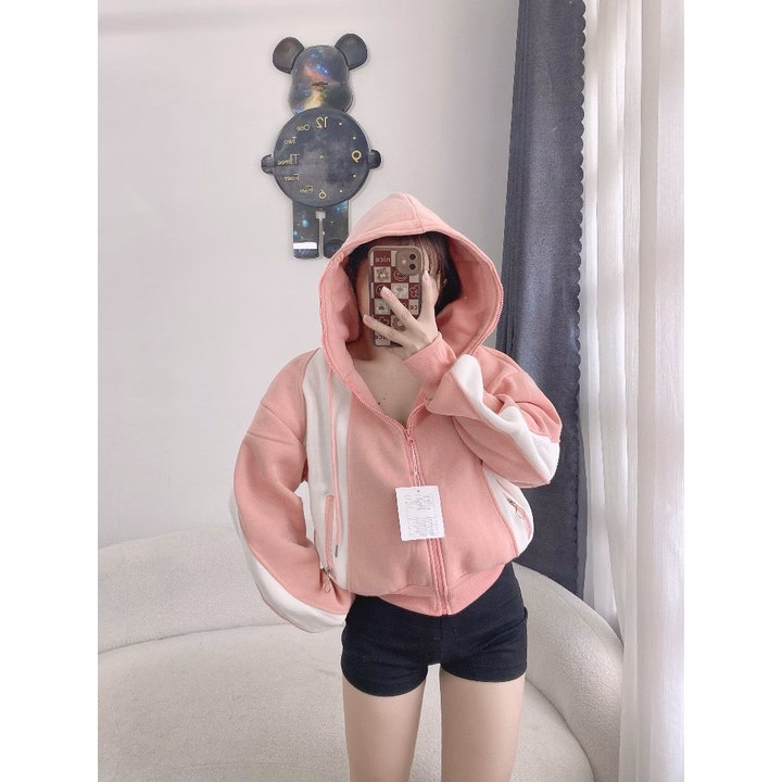 Áo Khoác Nỉ Dệt Nữ Form Rộng Túi Có Khóa Kéo Nón Rộng Dày Chống Nắng Tốt-Htm Fashion