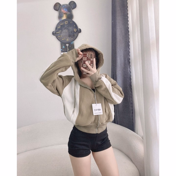 Áo Khoác Nỉ Dệt Nữ Form Rộng Túi Có Khóa Kéo Nón Rộng Dày Chống Nắng Tốt-Htm Fashion - Ảnh 2