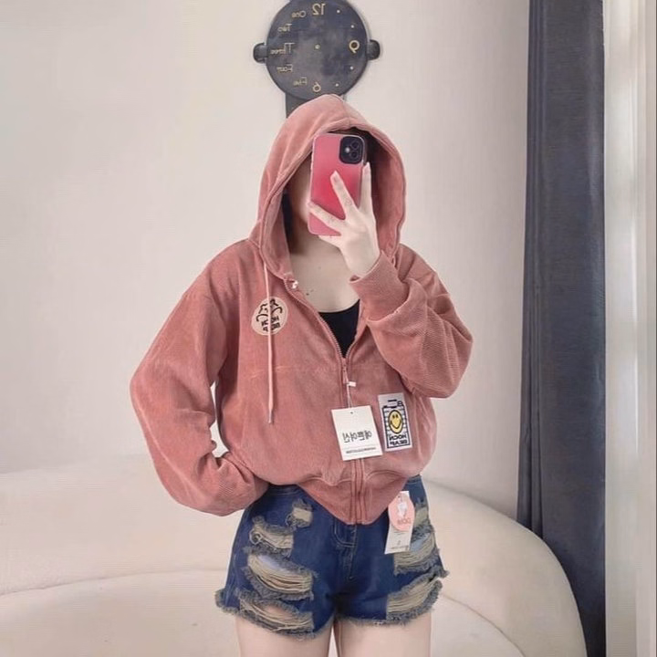 Áo Khoác Nhung Gân Nữ Có Túi Trong Thêu Mặt Cười Phối Khóa Kéo Chống Nắng Tốt -Htm Fashion - Ảnh 2