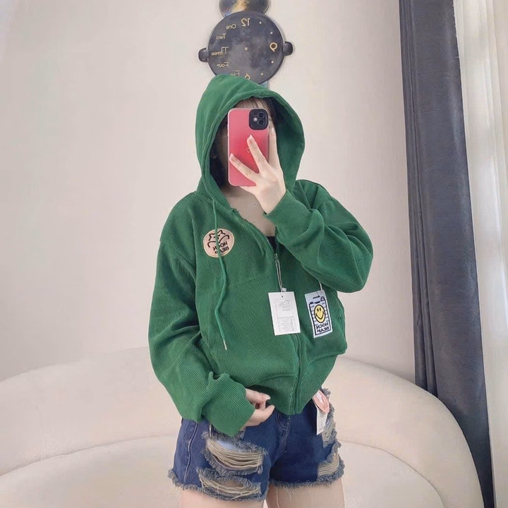 Áo Khoác Nhung Gân Nữ Có Túi Trong Thêu Mặt Cười Phối Khóa Kéo Chống Nắng Tốt -Htm Fashion - Ảnh 5