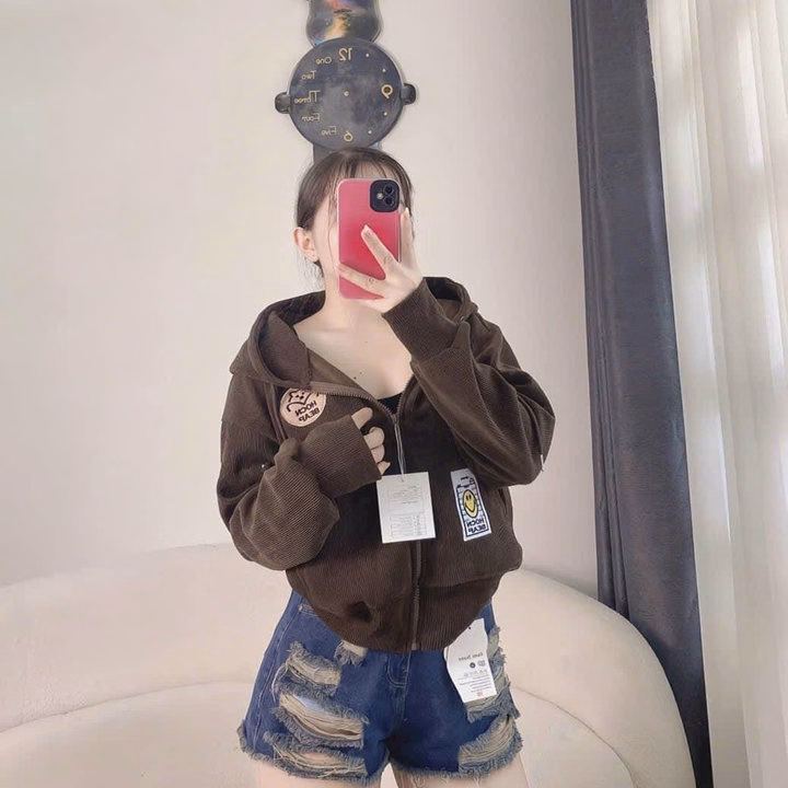 Áo Khoác Nhung Gân Nữ Có Túi Trong Thêu Mặt Cười Phối Khóa Kéo Chống Nắng Tốt -Htm Fashion - Ảnh 3