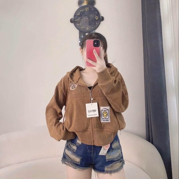 Áo Khoác Nhung Gân Nữ Có Túi Trong Thêu Mặt Cười Phối Khóa Kéo Chống Nắng Tốt -Htm Fashion - Ảnh 4