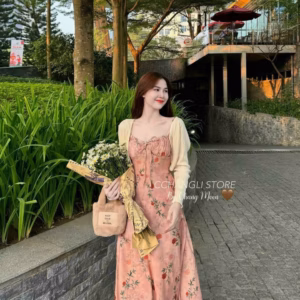Set Đầm 2 Món Váy Kèm Áo Tay Dài Hoa Nhí Chất Lụa Mặc Nhà Dạo Phố Đi Biển -Htm Fashion