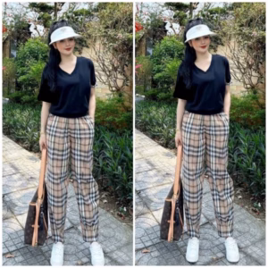 Sét Bộ Quần Kẻ Caro Bbr Vàng + Mix Áo Phông Cổ Tim Form Rộng Trơn