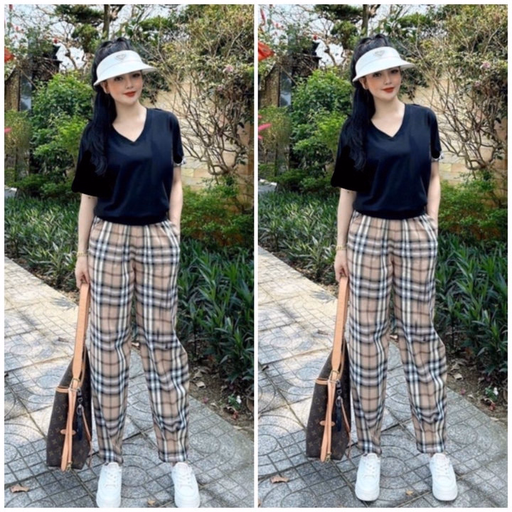 Sét Bộ Quần Kẻ Caro Bbr Vàng + Mix Áo Phông Cổ Tim Form Rộng Trơn