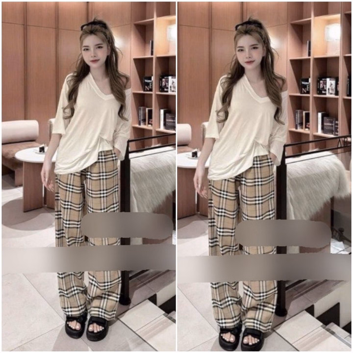 Sét Bộ Quần Kẻ Caro Bbr Vàng + Mix Áo Phông Cổ Tim Form Rộng Trơn - Ảnh 2