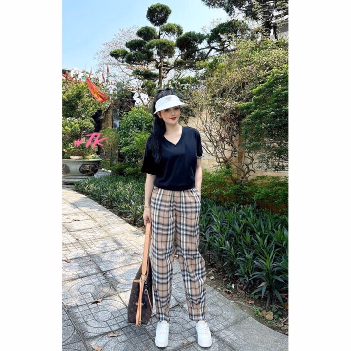 Sét Bộ Quần Kẻ Caro Bbr Vàng + Mix Áo Phông Cổ Tim Form Rộng Trơn - Ảnh 3