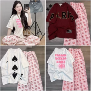 Các Sét Bộ Nữ Quần Hoạt Hình Heo Hồng + Mix Áo Phông Form Rộng Unisex